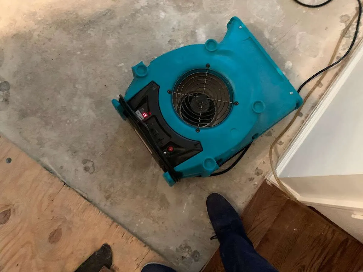 Air mover drying subfloor during Commercial Water Damage Restoration in Raisin